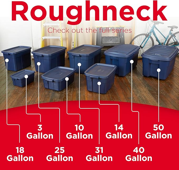 Rubbermaid Roughneck Tote 18 Gal 6 Pack Made in USA Dark Indigo Metallic Rugged Plastic Stackable Storage Bins with Lids and Handles