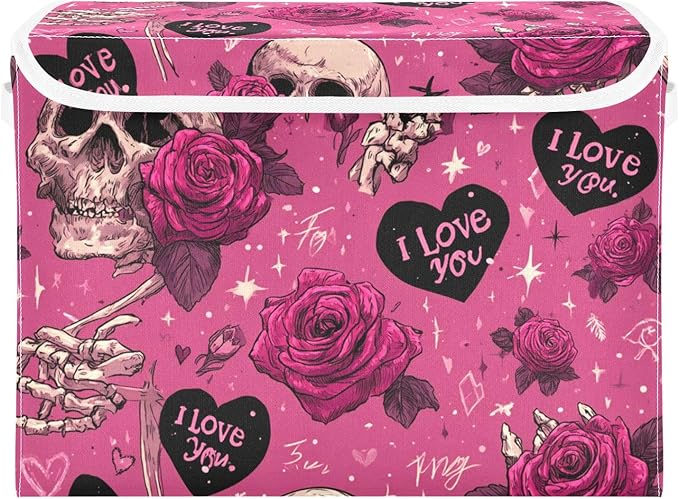 Valentine Skull Roses Pink Storage Box with Lid 1 PC Foldable Storage Bin with Lids Stackable Storage Bins Cube Closet Organizer Basket with Flip-Top Lid &amp Handles for Shoes Books Towels