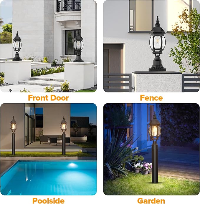 LUTEC Solar Post Light With Pier Mount Base Dusk to Dawn Aluminium Lamp Exterior Black Solar Powered Fence Waterproof for Outside
