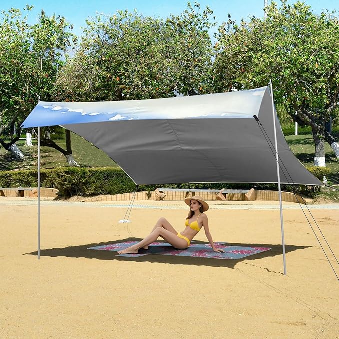 Beach Canopy with Windproof Ropes &amp Sandbags Beach Tent Sun Shade Sun Shelter for Camping Trips Fishing Backyard Fun or Picnics Beach