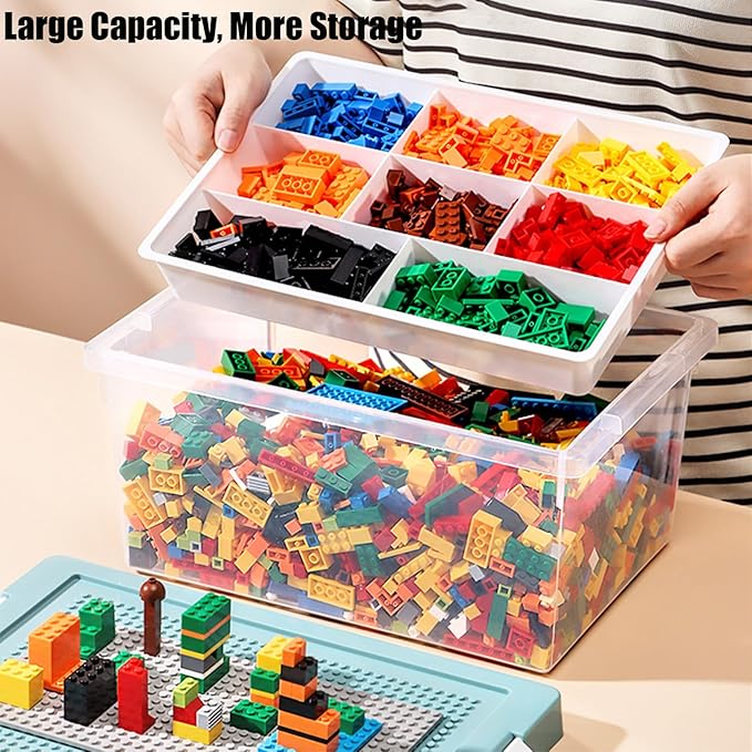 Toy Storage Organizer Bin for Lego Plastic Organizer Box with Removable Tray and Building Baseplate Lid Stackable Building Block Storage Craft Storage Container for Lego Toy Tool Sewing (White)