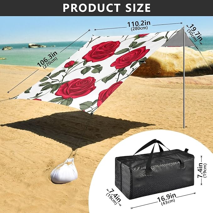 ALAZA Cute Red Roses Flower Beach Tent Sun Shelter Portable Canopy Sunshade for Outdoor Camping Picnics Backyard Fun 10x9 ft