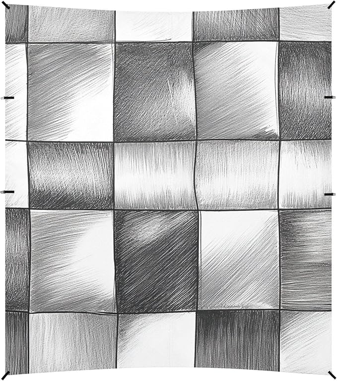 Silver Checked Hand-Drawn Sketch Beach Cabana UPF50 Easy Setup Portable Sun Shelter with Sandbags Sand Shovel Poles for Backyard and Camping