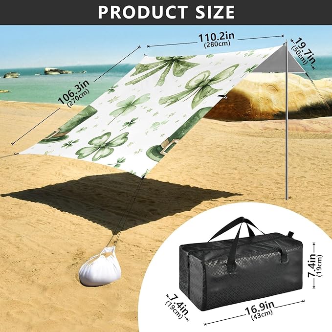 xigua St. Patrick's Day Beach Tent Sun Shelter with Carrying Bag - Silver Coated Oxford Fabric Beach Canopy for Beach Camping Fishing - Includes Windproof Ropes Sandbags &amp Stakes