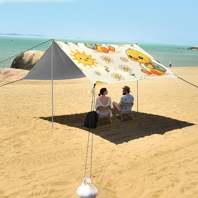 ALAZA Cute Duck Daisy Flower Beach Tent Sun Shelter UPF50+ Protection Beach Shade Canopy w/ 4 Sandbags for Outdoor Camping Fishing Backyard Fun Picnic 10x9 ft