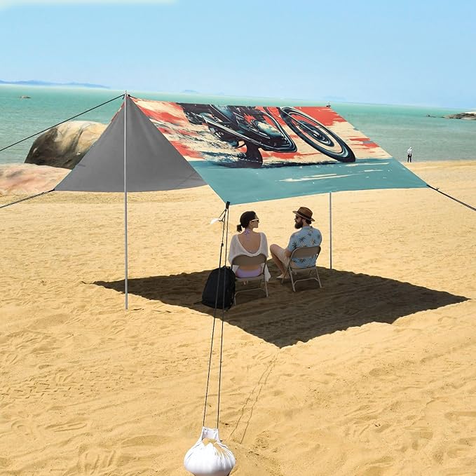 Cool Motorcycle Rider Beach Tent Sun Shelter Set UPF50+ UV Protection 10.5 x 9.19 FT Camping Shade Canopy with Sandbags Sand Anchors Carrying Bag and Others