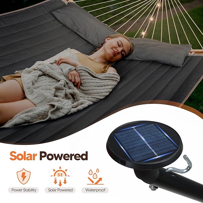 SUNCREAT Double Backyard Hammock with Solar Powered Lights for Outside 475 lbs Capacity Heavy Duty Self Standing Hammock with 12 ft Stand Dark Grey