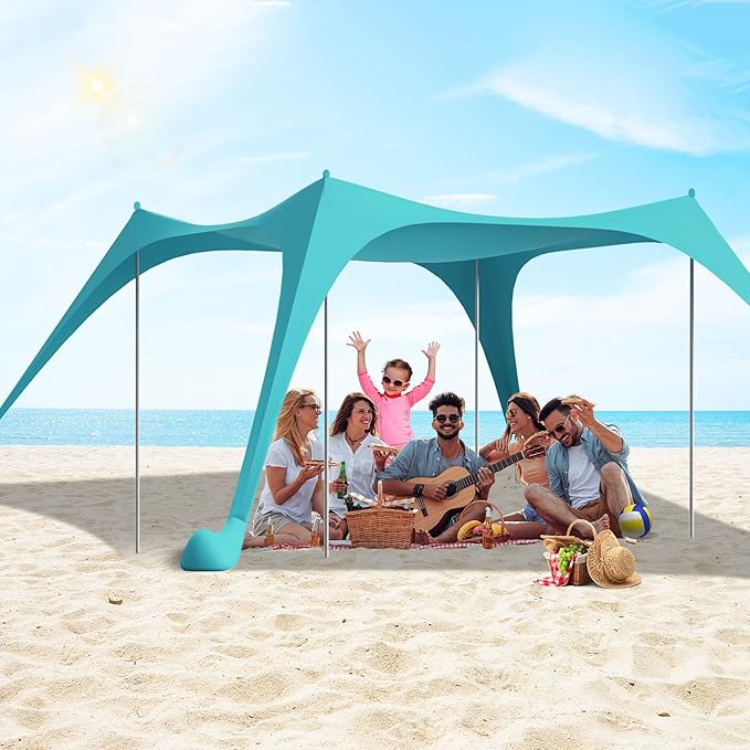 Beach Tent Sun Shelter UPF50+ with Sandbags Sand Shovel &amp Windproof Poles - Portable Pop Up Canopy for Beach Camping Picnics Backyard &amp Fishing (Cyan10x10FT)