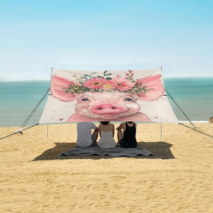 ALAZA Vintage Cartton Cute Pig Flower Beach Tent Sun Shelter Portable Canopy Sunshade for Outdoor Camping Picnics Backyard Fun 10x9 ft