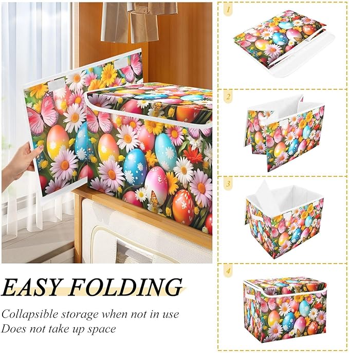 Christmas Storage Baskets with Lids Colorful Eggs and Butterflies (2) Collapsible Bins Stackable Fabric Linen Baskets Closet Organizer Container 16.5x12.6x11.8