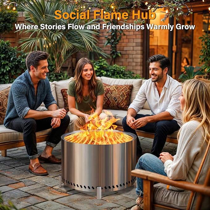 HGD 28 Inch Smokeless Firepit Large Stainless Steel Fire Pit Wood Burning Firepit for Patio Garden Picnic