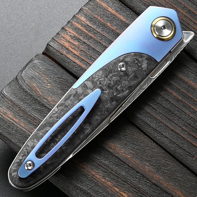 Sitivien ST245 Damascus Steel Folding Knives with Liner Lock Ball BearingTitanium Carbon Fiber Handle EDC Damascus Knife for Men Women(Blue)
