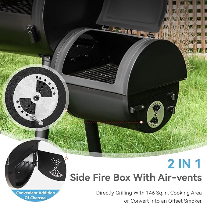 GREEN PARTY Offset Smoker Charcoal Grills with 28 Inch Cook Chamber Barrel Smoker and Charcoal Grill Combo 512 Sq. In. Space Barrel Smoker Grill for Outdoor BBQ Patio Backyard Cooking