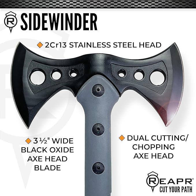 Reapr Sidewinder Tactical Double Axe16 Dual-Headed Survival Hatchet with 2Cr13 Stainless Steel Cast Head Black Oxide Finish Ballistic Sheath Camping Hunting Outdoor (Sidewinder)