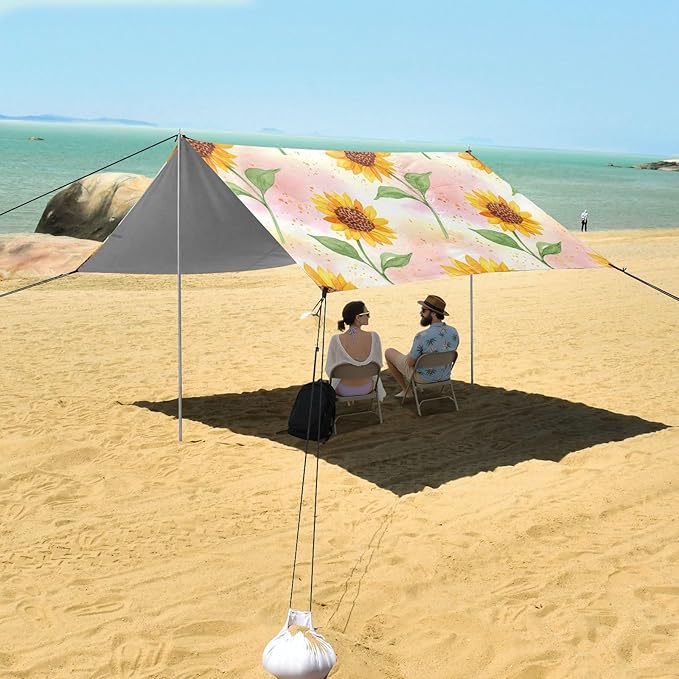 xigua Sunflowers Beach Tent Sun Shelter with Carrying Bag - Silver Coated Oxford Fabric Beach Canopy for Beach Camping Fishing - Includes Windproof Ropes Sandbags &amp Stakes