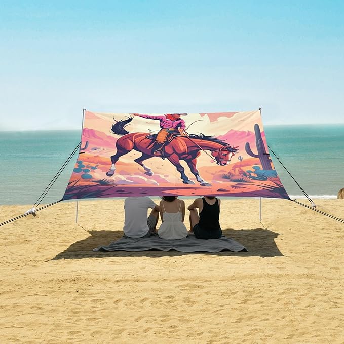 Beach Canopy with Windproof Ropes &amp Sandbags Beach Tent Sun Shade Sun Shelter for Camping Trips Fishing Backyard Fun or Picnics Cowboy