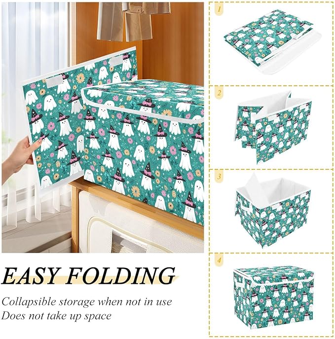Halloween Ghosties Stars Flowers Teal Storage Box with Lid 1 PC Foldable Storage Bin with Lids Stackable Storage Bins Cube Closet Organizer Basket with Flip-Top Lid &amp Handles for Shoes Books Towel