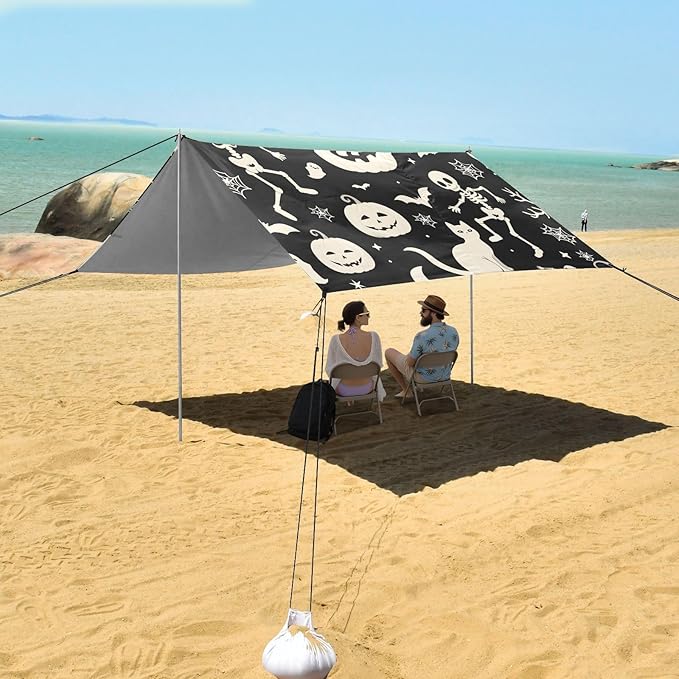 ALAZA Pumpkin Head Skeleton Spider Web Bat Pattern Beach Tent Sun Shelter Portable Canopy Sunshade for Outdoor Camping Picnics Backyard Fun 10x9 ft