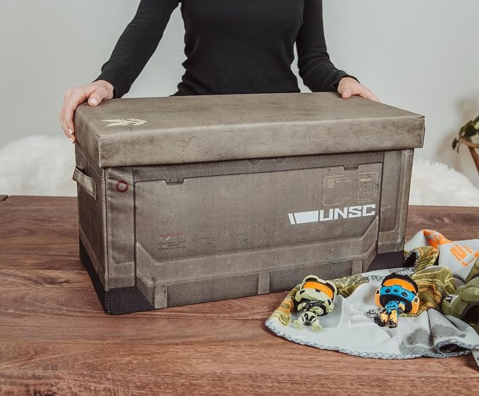 Ukonic HALO Ammo Crate Collapsible Storage Bin Chest with Lid | Fabric Basket Container with Handles Cubby Cube Closet Organizer | Video Game Gifts And Collectibles | 24 x 12 Inches