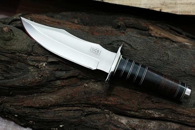 GCS Custom Handmade Stacked Leather Handle Bowie Survival Tactical Gear Hunting Knife D2 Tool Steel Buffalo Hide Sheath GCS145