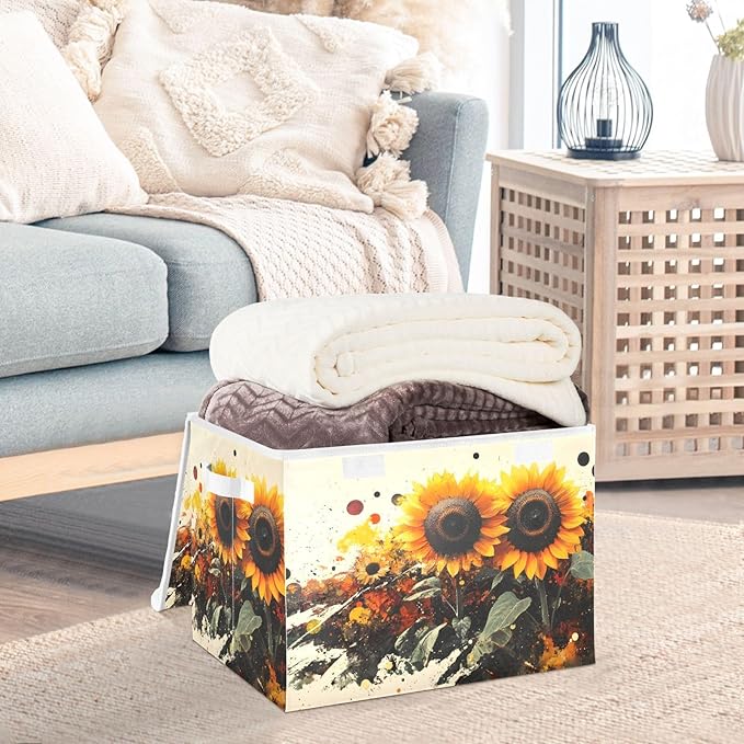 AIXIWAWA Lidded Storage Cube (Painting Of Sunflowers) Fabric Foldable Closet Bins with Flip Lid and Handles Organizer Basket Container 16.5 x 12.6 x 11.8 IN