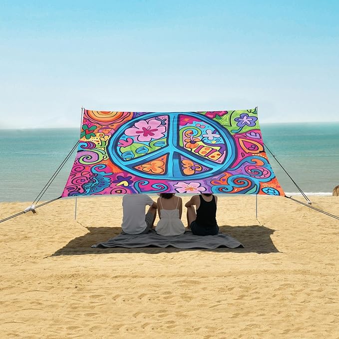 ALAZA Cute Peace Sign Beach Tent Sun Shelter UPF50+ Protection Beach Shade Canopy w/ 4 Sandbags for Outdoor Camping Fishing Backyard Fun Picnic 10x9 ft