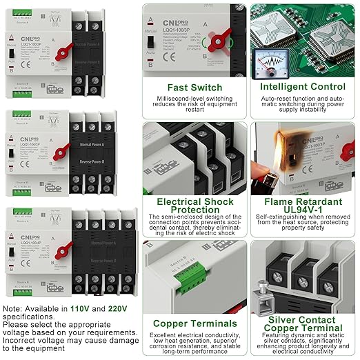 AC110V/120V 100Amp Automatic/Manual Transfer Switch 3P 50/60Hz 3Poles Mini ATS Auto Dual Power Switch Automatic Changeover Fast Transfer for Home Generator Soalr Rv and Lv Power
