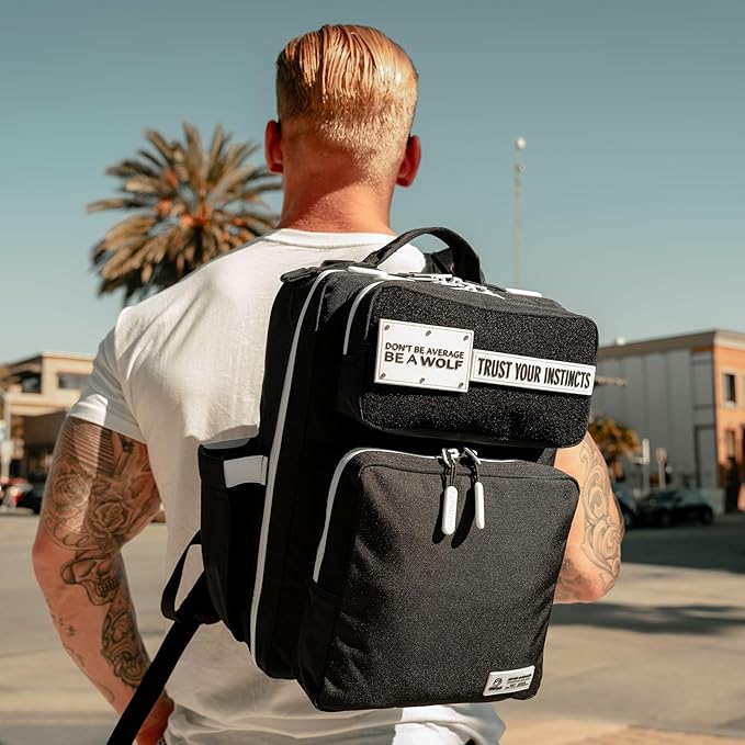 WOLFpak 15L Slim Tactical Gym Backpack - Durable 1000D Waterproof Oxford Material | Minimalist Daypack w/Laptop Pocket &amp Dual Cup Holders | Great for Travel &amp EDC | (Alpha Black White Accents)