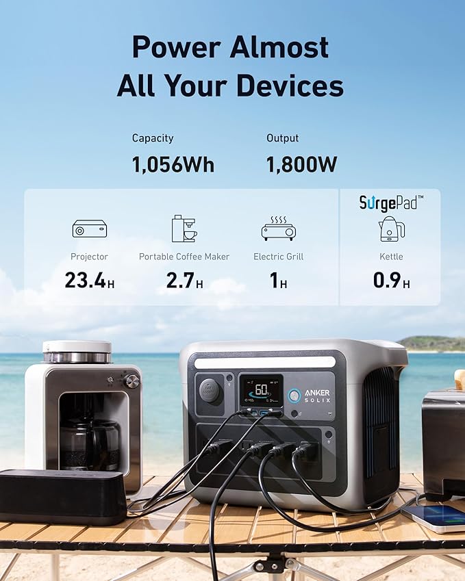Anker SOLIX C1000 Portable Power Station with 100W Solar Panel 1800W Solar Generator 1056wh LFP (LiFePO4) Battery 6 AC Outlets Up to 2400W for Home Power Outages and Outdoor Camping
