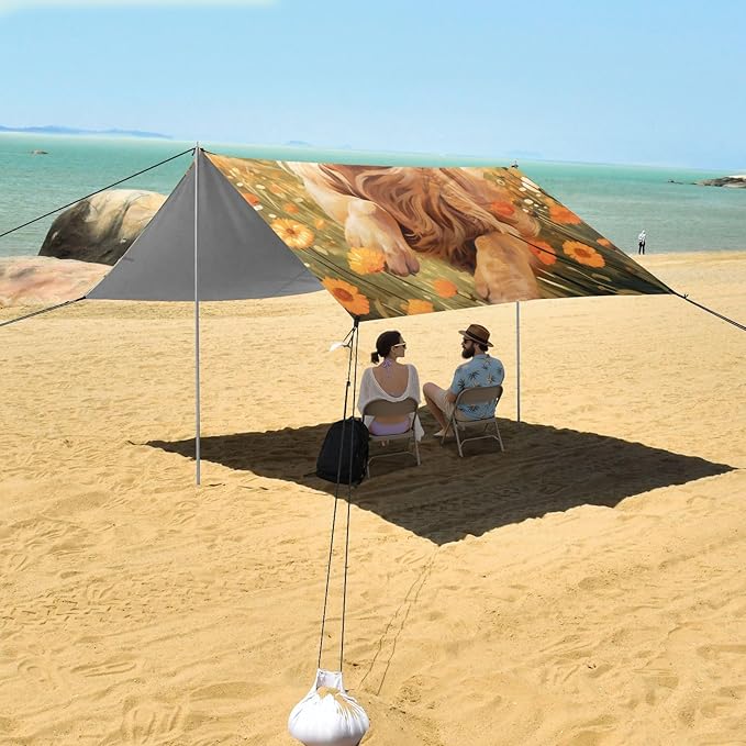 ALAZA Happy Golden Retriever in Flower Field Beach Tent Sun Shelter Portable Canopy Sunshade for Outdoor Camping Picnics Backyard Fun 10x9 ft