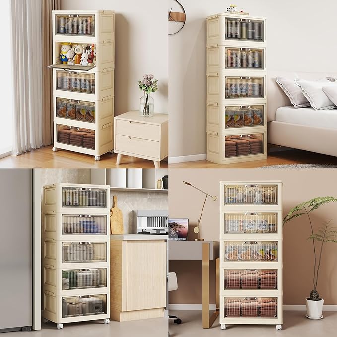 5 Tier - 48QT Storage Bins with Lids Collapsible Storage Bins with Doors and Wheels Plastic Storage Cabinet for Easy Storage and Organization for Living Room Office