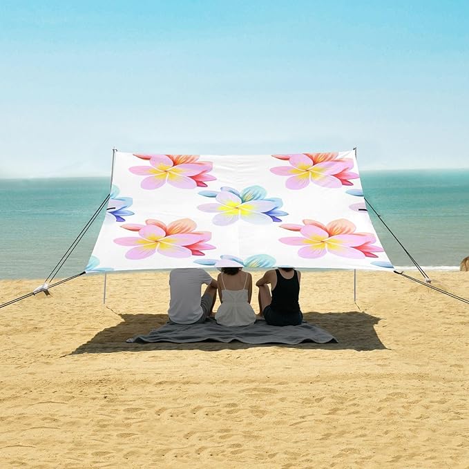 Beach Canopy with Windproof Ropes &amp Sandbags Beach Tent Sun Shade Sun Shelter for Camping Trips Fishing Backyard Fun or Picnics Plumeria Flowers