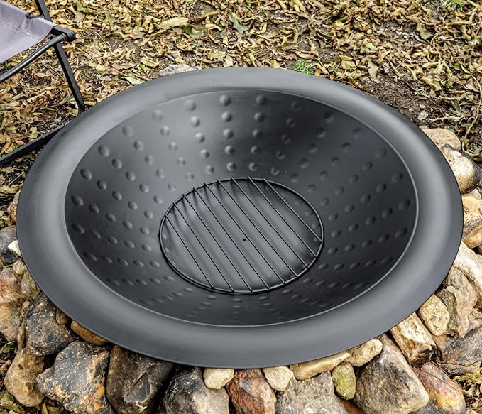 OutVue 35 inch Steel Fire Bowl for DIY or Replacement Existing Fire Pits Wood Burning Fire Pit Bowl with Spark Screen &ampFire Poker Fireplace for Backyard Porch Deck Camping BBQ (Circle Dot)
