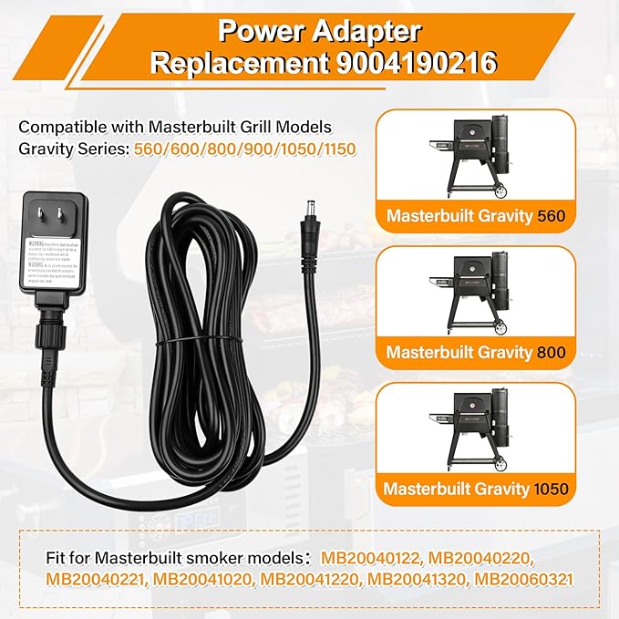 Upgrade Power Cord Replacement Parts Compatible with Masterbuilt Gravity Series 560/600/800/900/1050/1150 Digital Charcoal Grill + Smokers Heavy-Duty 9004190216 Power Supply with 18AWG 16FT Long Cord