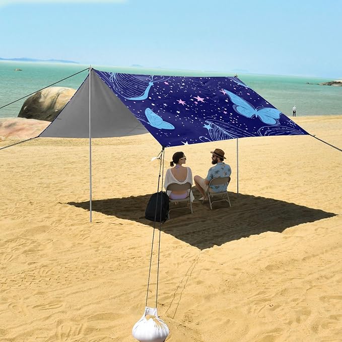 Beach Canopy with Windproof Ropes &amp Sandbags Beach Tent Sun Shade Sun Shelter for Camping Trips Fishing Backyard Fun or Picnics Butterfly