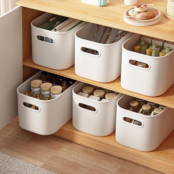 6 Pack White Storage Bins with Lids Stackable Storage Container for Organizing Small Storage Boxes with Handle for Shelves Cute Organizer Bins for Craft Snacks 9.85x6.9x5.7 inch