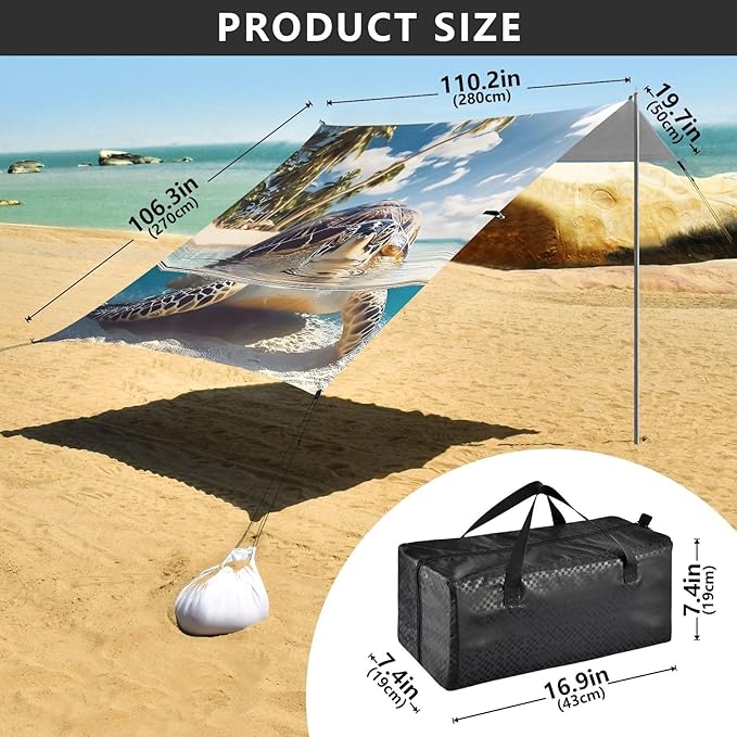 ALAZA Palm Sea Turtle Beach Beach Tent Sun Shelter UPF50+ Protection Beach Shade Canopy w/ 4 Sandbags for Outdoor Camping Fishing Backyard Fun Picnic 10x9 ft