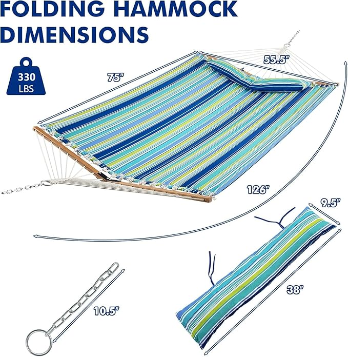 Goplus 10.5 FT Hammock Quilted 2 Person Hammock w/Detachable Pillow 330LBS Capacity Curved Hardwood Spreader BarQuick Dry Fabric Portable Paddled Hammock Swing for Patio Yard Porch Indoor Outdoor