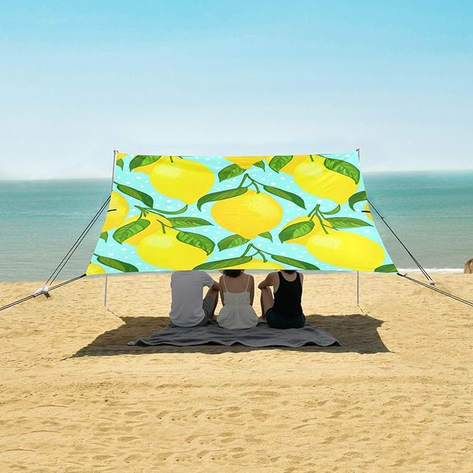 Beach Canopy with Windproof Ropes &amp Sandbags Beach Tent Sun Shade Sun Shelter for Camping Trips Fishing Backyard Fun or Picnics Lemon