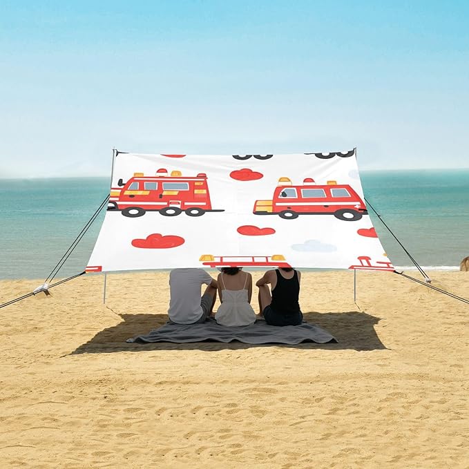 ALAZA Cartoon Cute Fire Truck Beach Tent Sun Shelter Portable Canopy Sunshade for Outdoor Camping Picnics Backyard Fun 10x9 ft