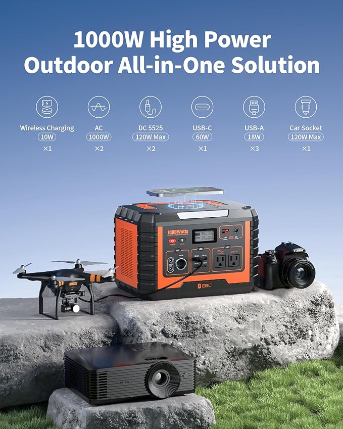 EBL Portable Power Station 1000W 999Wh Solar Generator 2000W Peak AC/Wireless Charging/60W USB-C Output Lithium Battery for Emergency Home Backup Camping RV Off-Grid Living
