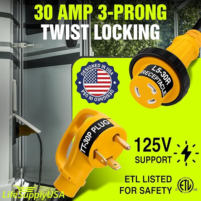 50ft RV Extension Cord 30 AMP (TT-30P/L5-30R) with Twist-Lock Connector and Grip Handle Hook and Loop Strap - STW 10/3 AWG 125 Volt - Heavy Duty - by LifeSupplyUSA
