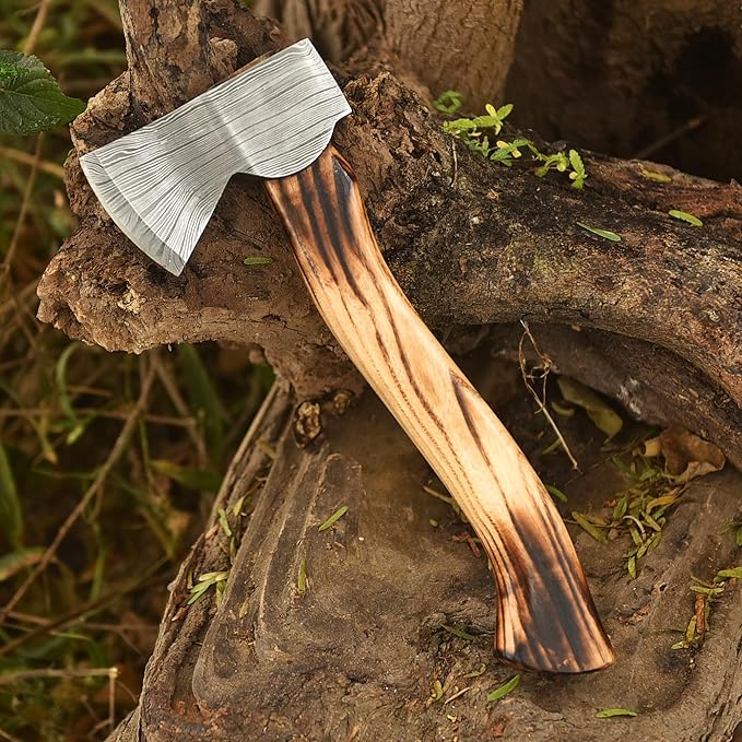 Nesmo - 013 Handmade Damascus Steel Hatchet Axe with Ash Wood Handle – Mini Axe with Leather Sheath. Forged Camping Axe Outdoor Survival Tool Bushcraft Wood Chopping &amp Collectible Gift
