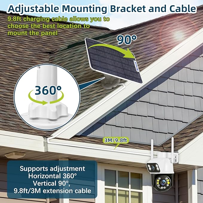 6W Upgraded Solar Panel for Security Camera6V USB C Solar Charger Match to Rechargeable Battery Powered Bird Feeder CamRing Camera Solar Panels with DC Micro-USB Port9.8ft Cable 360° Swivel Bracket
