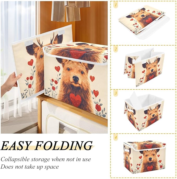 AIXIWAWA Lidded Storage Cube (Cute Deer Heart) Fabric Foldable Closet Bins with Flip Lid and Handles Organizer Basket Container 16.5 x 12.6 x 11.8 IN