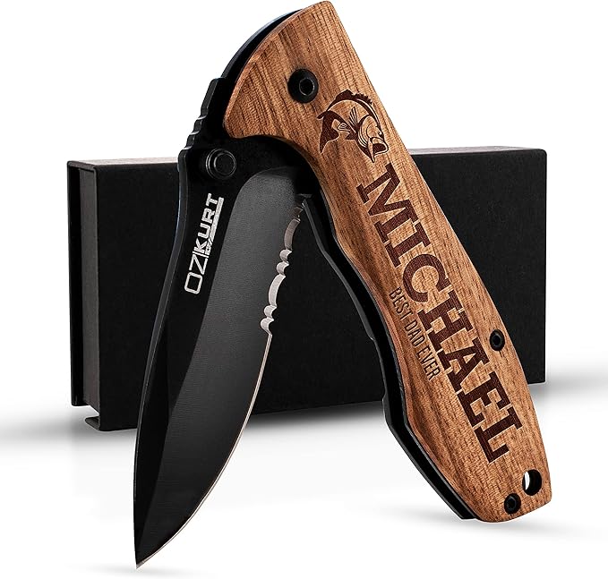 Customization Mill Gifts for Men Personalized Engraved Oak Wood Pocket Knife - 36 Icons 20 Stylish Font - Custom Pocket Knives
