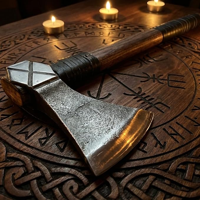 Kacha Store | Custom Handmade Viking Medieval Axes with GiftHand Axe Gifts for MenCamping TomahawkBeardedValhalla with Leather Sheath (Battle Valhalla)