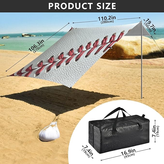 ALAZA Baseball Close Up Beach Tent Sun Shelter UPF50+ Protection Beach Shade Canopy w/ 4 Sandbags for Outdoor Camping Fishing Backyard Fun Picnic 10x9 ft