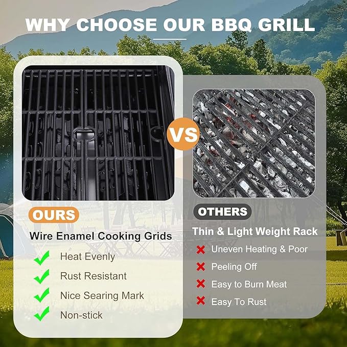 2-Burner Propane Gas BBQ Grill with Wire Enamel Cooking Grids &amp SS Plancha 24600 BTU Output Stainless Steel Grill with Foldable Side Table and Hanging Basket for Outdoor Backyard Barbecue