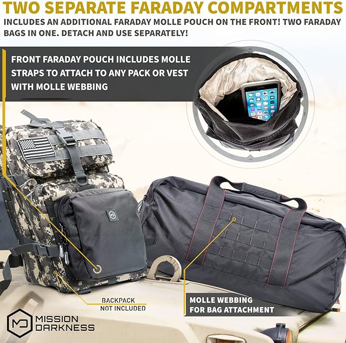 Mission Darkness X2 Faraday Duffel Bag + Detachable MOLLE Faraday Pouch (Gen 2) // Military-Grade RF Shielding for Large Electronics &amp Mobile Devices // Digital Forensics Signal Isolation Data Pri